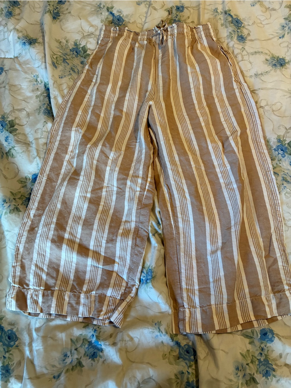 Linen Blend Madewell Tan and White Striped Wide Leg Capris